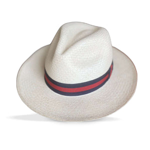 CLASSIC FEDORA STRAW HAT WITH A BLUE AND RED HAT BAND - large brim hard hat, large brim ladies hat, merino wool hat, rancher hat, wool cowboy hat, wide brim wool fedora, panama straw hats - The Hip Hat