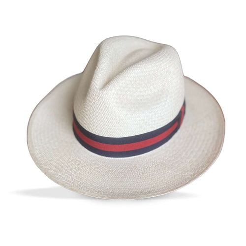 CLASSIC FEDORA STRAW HAT WITH A BLUE AND RED HAT BAND - large brim hard hat, large brim ladies hat, merino wool hat, rancher hat, wool cowboy hat, wide brim wool fedora, panama straw hats - The Hip Hat