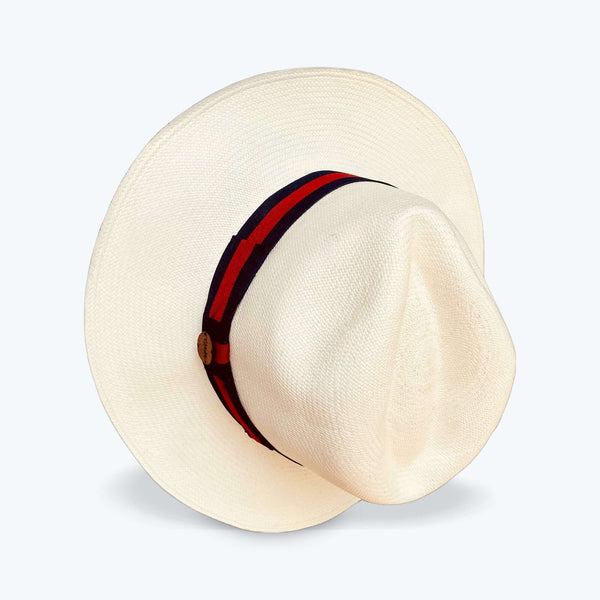 CLASSIC FEDORA STRAW HAT WITH A BLUE AND RED HAT BAND - large brim hard hat, large brim ladies hat, merino wool hat, rancher hat, wool cowboy hat, wide brim wool fedora, panama straw hats - The Hip Hat