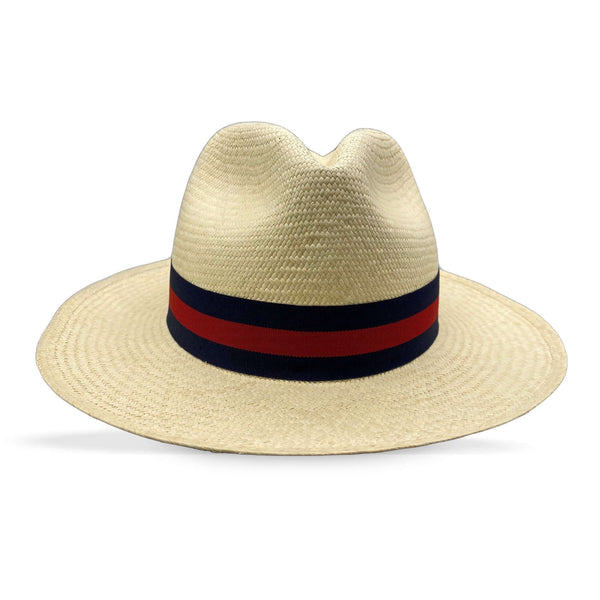 CLASSIC FEDORA STRAW HAT WITH A BLUE AND RED HAT BAND - large brim hard hat, large brim ladies hat, merino wool hat, rancher hat, wool cowboy hat, wide brim wool fedora, panama straw hats - The Hip Hat