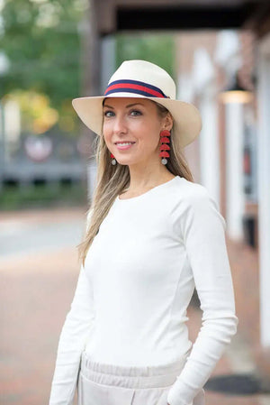 CLASSIC FEDORA STRAW HAT WITH A BLUE AND RED HAT BAND - large brim hard hat, large brim ladies hat, merino wool hat, rancher hat, wool cowboy hat, wide brim wool fedora, panama straw hats - The Hip Hat