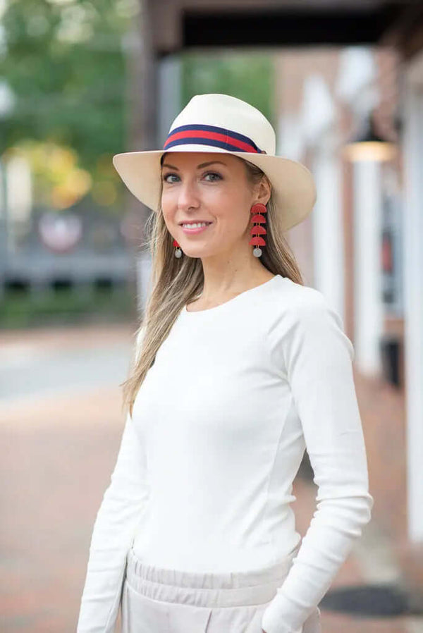 CLASSIC FEDORA STRAW HAT WITH A BLUE AND RED HAT BAND - large brim hard hat, large brim ladies hat, merino wool hat, rancher hat, wool cowboy hat, wide brim wool fedora, panama straw hats - The Hip Hat