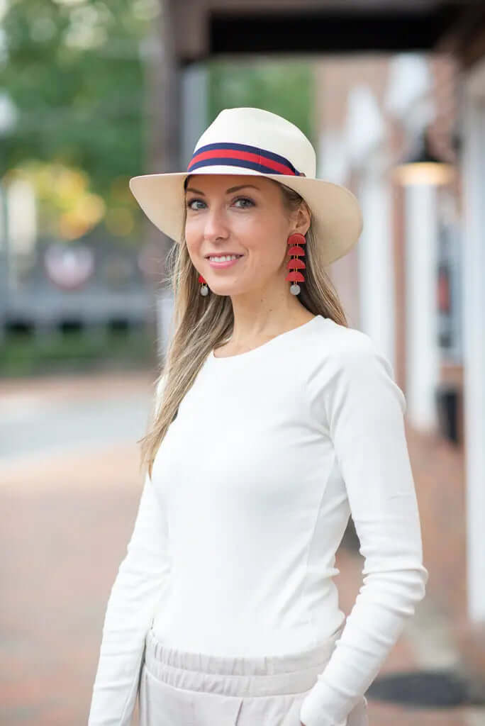 CLASSIC FEDORA STRAW HAT WITH A BLUE AND RED HAT BAND The Hip Hat