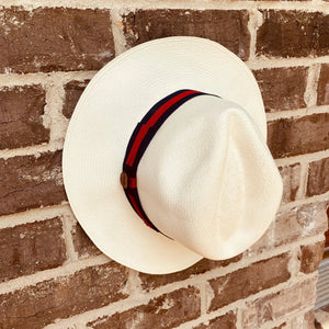 CLASSIC FEDORA STRAW HAT WITH A BLUE AND RED HAT BAND - large brim hard hat, large brim ladies hat, merino wool hat, rancher hat, wool cowboy hat, wide brim wool fedora, panama straw hats - The Hip Hat