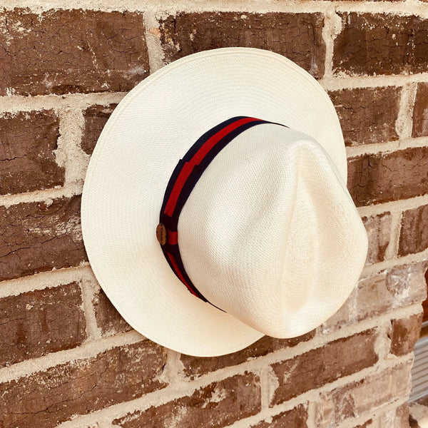CLASSIC FEDORA STRAW HAT WITH A BLUE AND RED HAT BAND - large brim hard hat, large brim ladies hat, merino wool hat, rancher hat, wool cowboy hat, wide brim wool fedora, panama straw hats - The Hip Hat